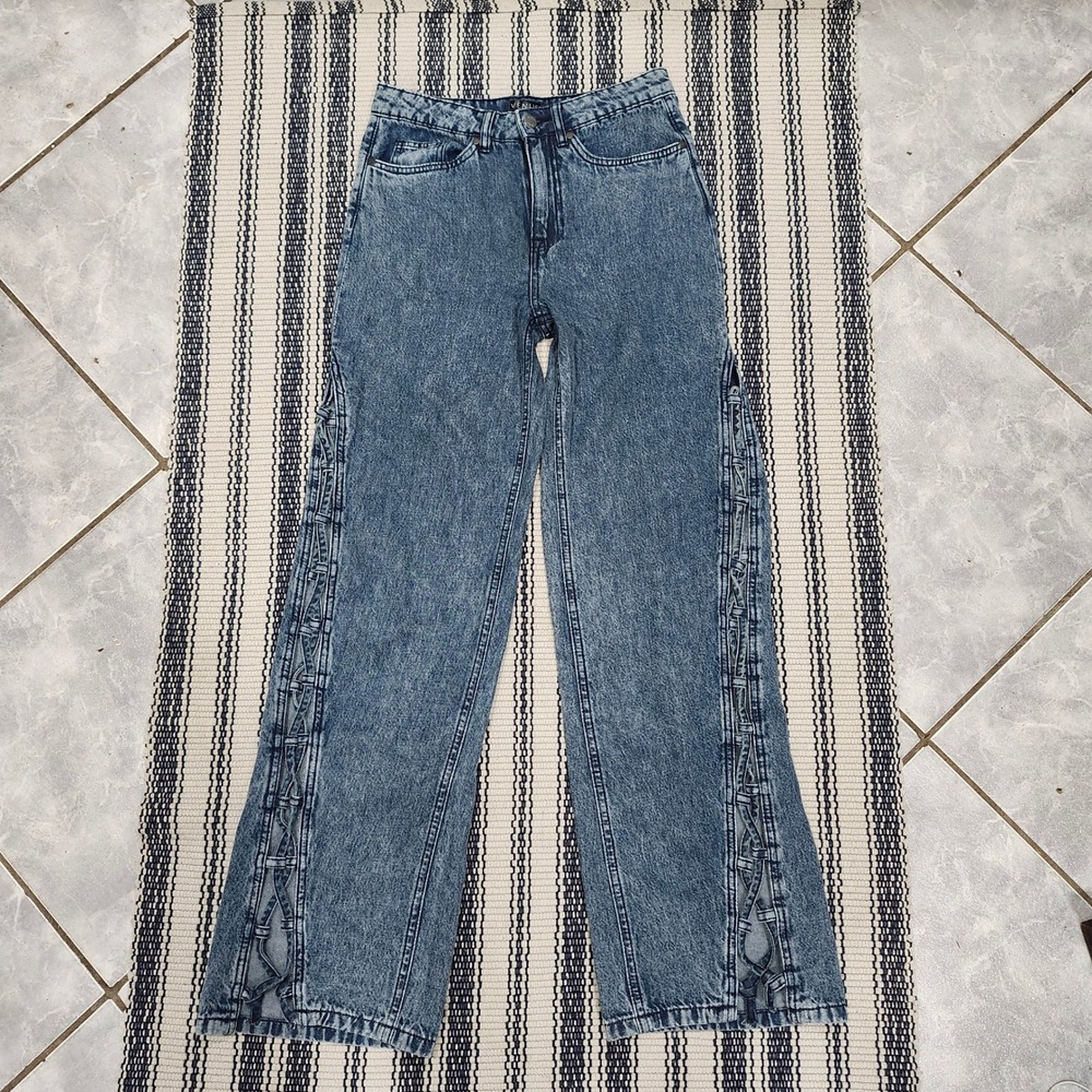 Venus Acid Wash Wide Leg Jeans Blue Lace Up Side Detail High Waist Cotton Size 8